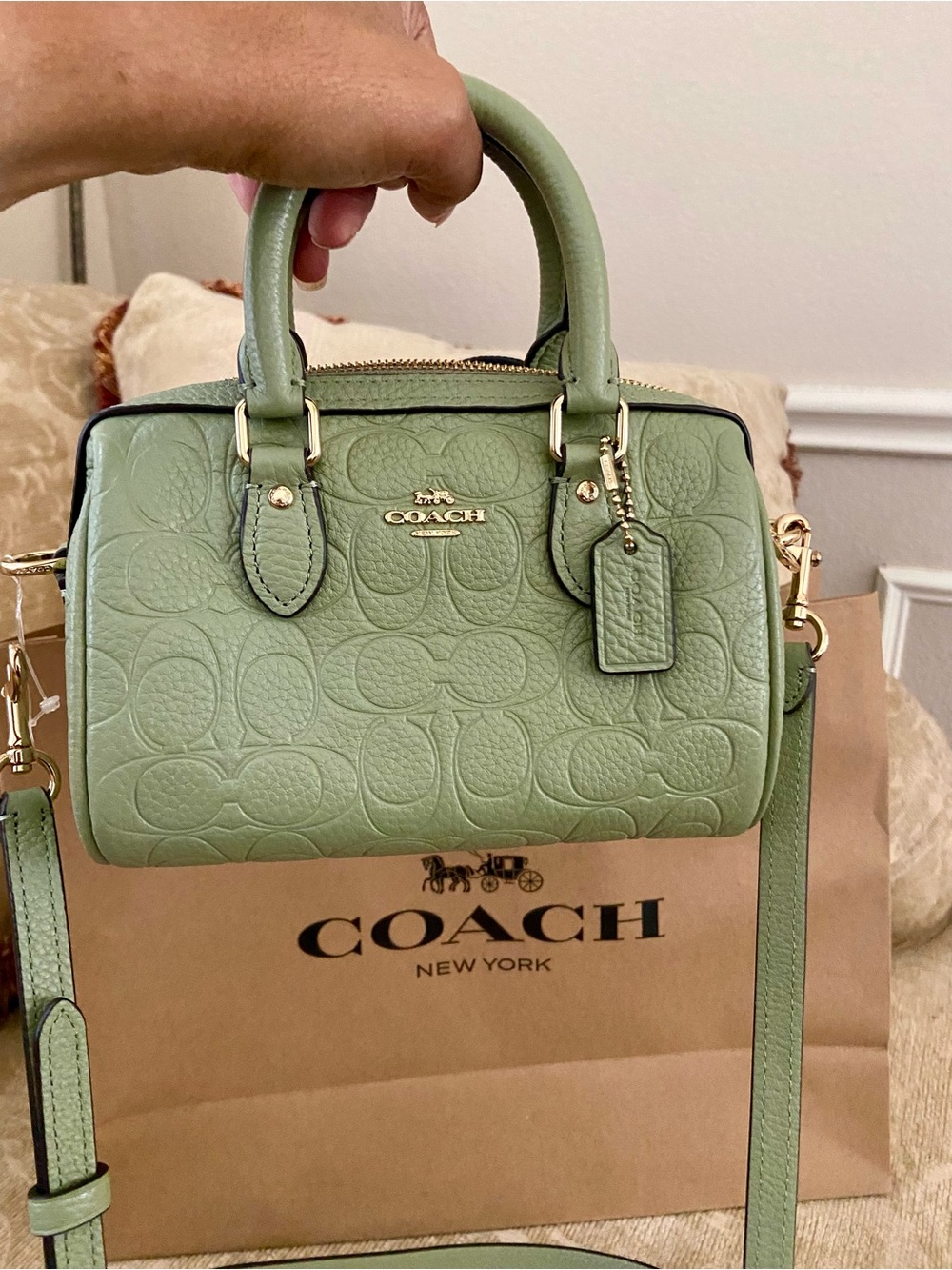 NWT COACH Pebbled Leather Mini Rowan in Pistachio